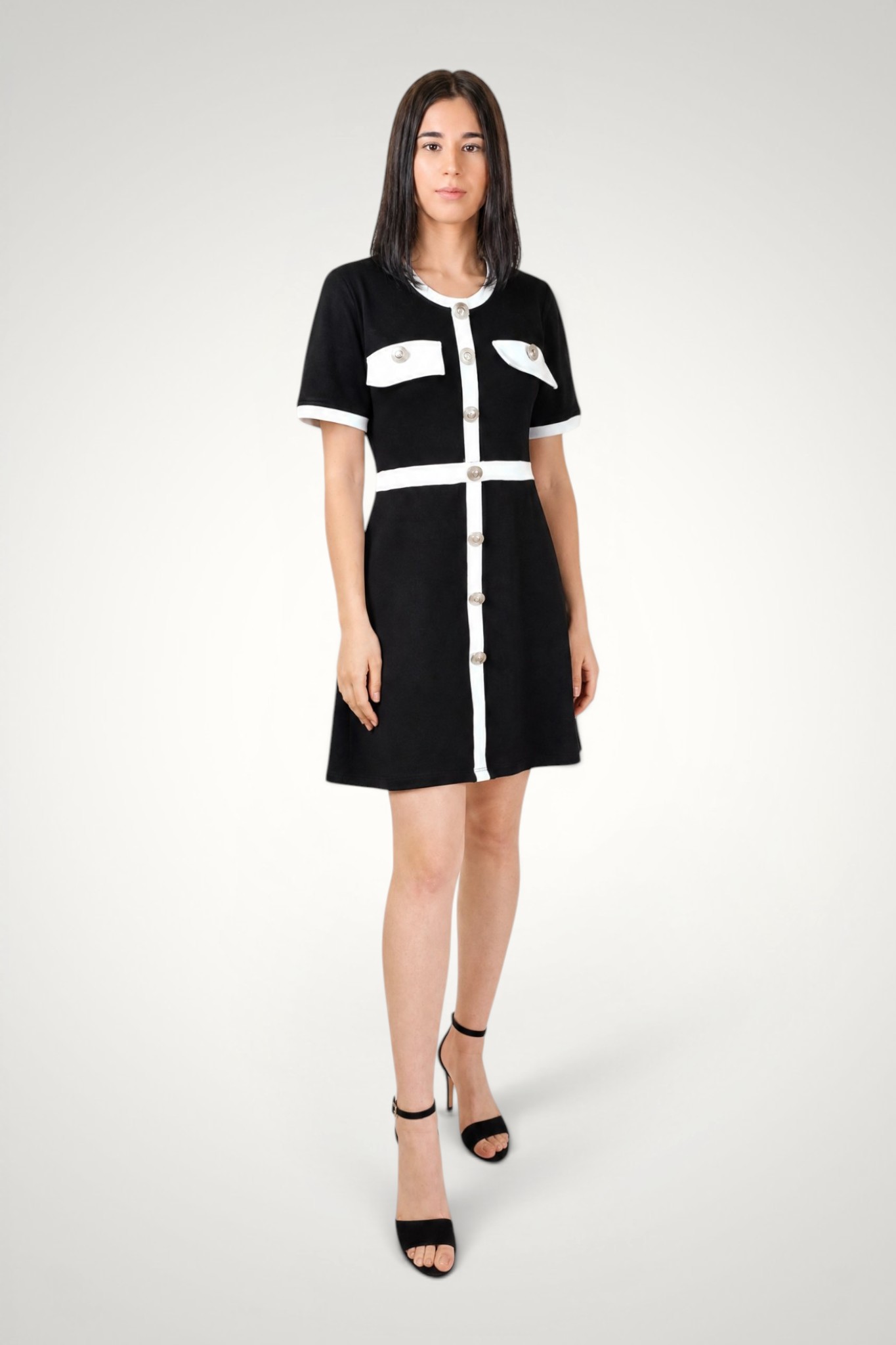Rochie elegantă damă din bumbac premium cu nasturi metalici 2 rochie eleganta negru