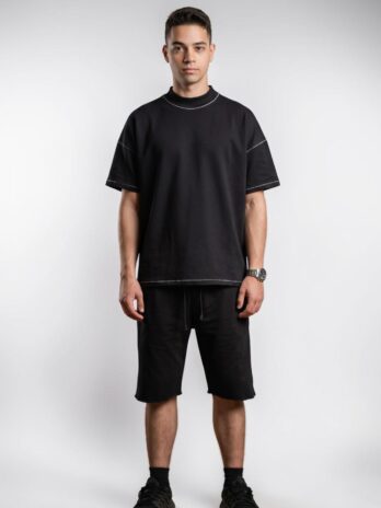 Compleu vara Barbati, Signature Celevri, Tricou + Pantaloni scurti Oversize, Cusaturi decorative