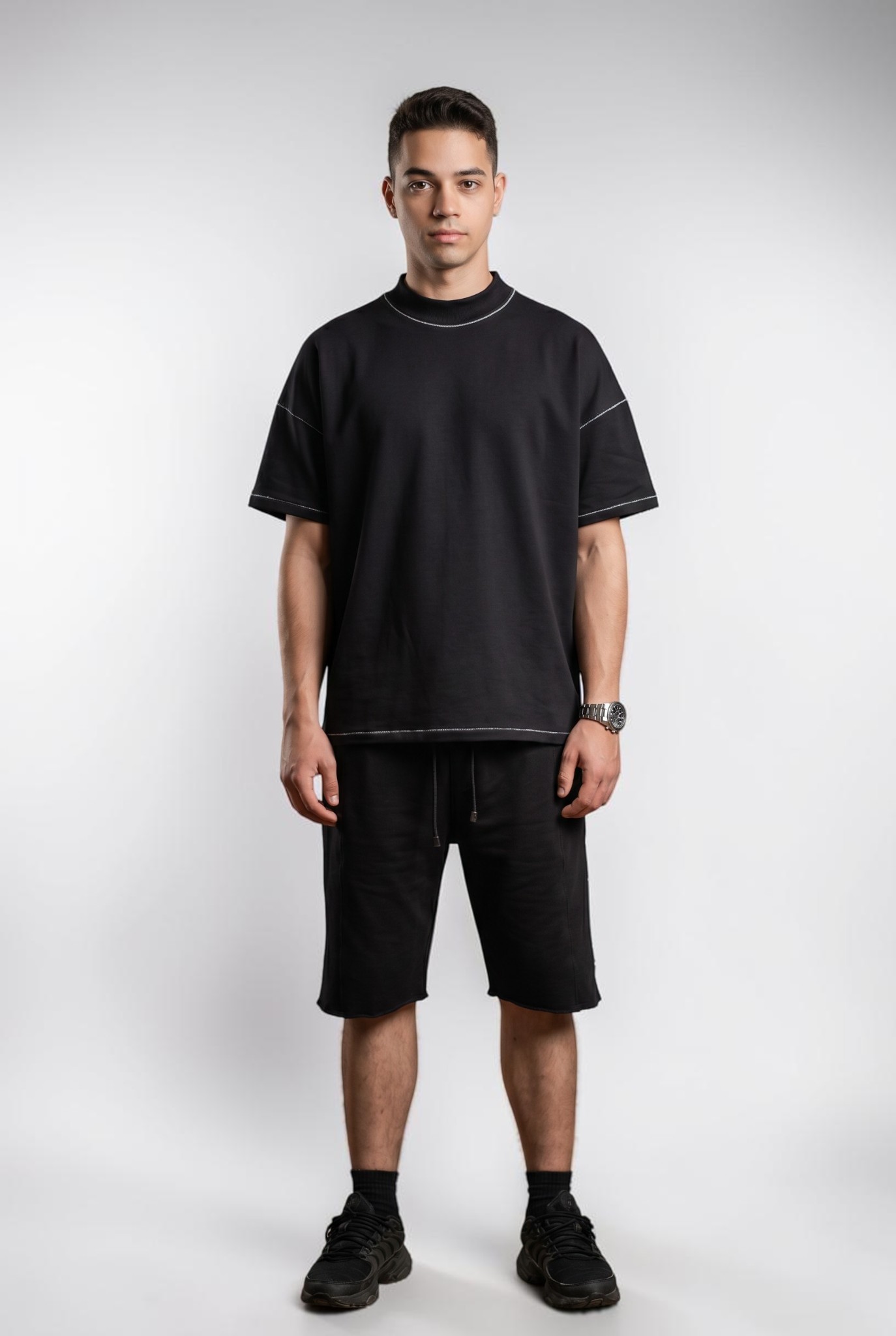 Compleu vara Barbati, Signature Celevri, Tricou + Pantaloni scurti Oversize, Cusaturi decorative 2 Compleu vara barbati